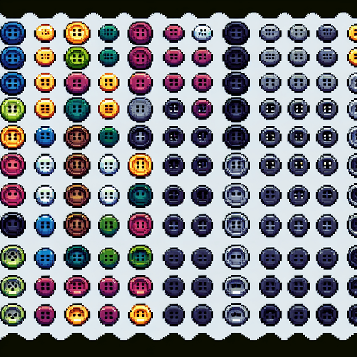 Create a sprite sheet featuring various sewing buttons. Each button should be distinct, with a cohesive color scheme. The style should be detailed pixel art, reminiscent of classic 8-bit era video game. Arrange the components on a dark background, with each part neatly aligned in rows and columns for easy identification and use in game development..
Single Game Texture. In-Game asset. 2d. Blank background. High contrast. No shadows.