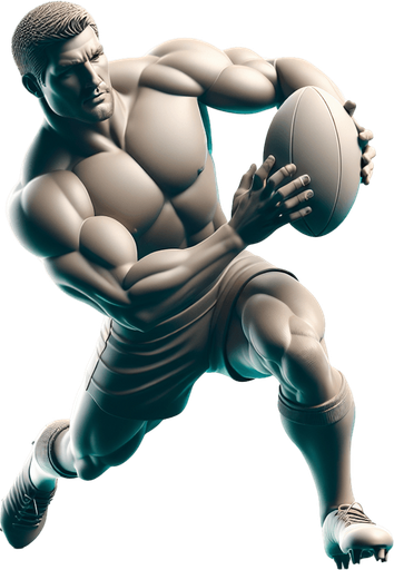 Joueur de rugby avec un charure musclé et qui a la balle 
Il attaque.
Single Game Texture. In-Game asset. 3d. Blank background. High contrast. No shadows.