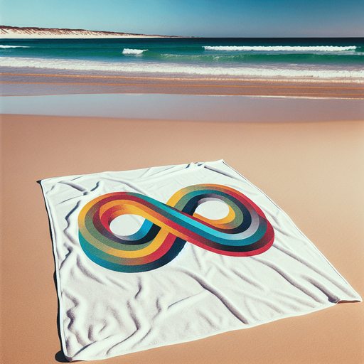 full view of a Beach white towel with colored infinte logo. placed on the sand.
photo