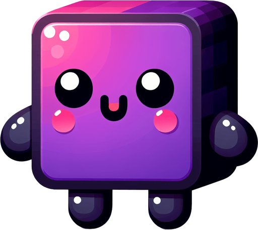 a cute purple square with two black arms and legs with a face and blush.
Single Game Texture. In-Game asset. 2d. Blank background. High contrast. No shadows.