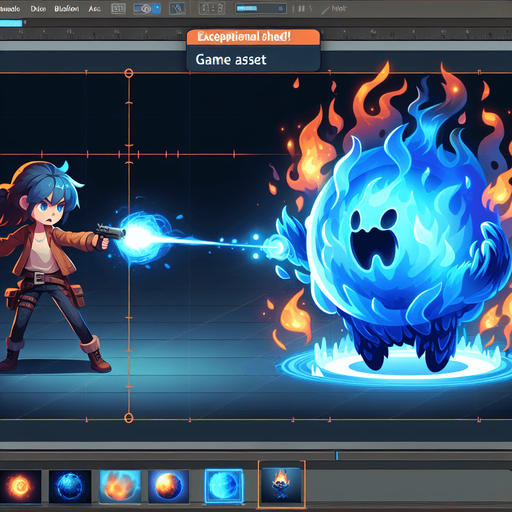 girl shooting on fire blunos with blue ball.
Single Game Texture. In-Game asset. 2d. Blank background. High contrast. No shadows.