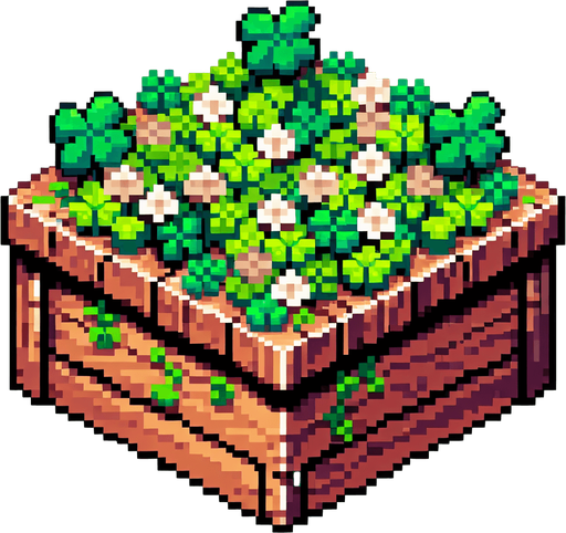 pixel art of a wood counter full of 4 leaf clovers.
front face view