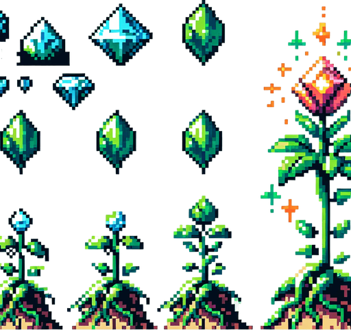 pixel art sprite sheet of a growing plant with a diamond flower.
Game asset. 2d. Blank background. High contrast. No shadows.