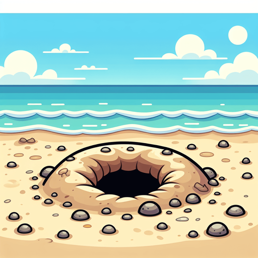 Create a cartoon-style illustration of a crab hole in the sand (without the crab, just the hole).
Single Game Texture. In-Game asset. 2d. Blank background. High contrast. No shadows.