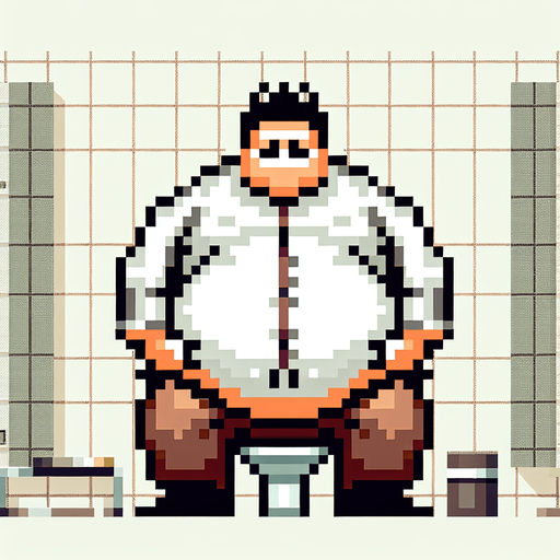 8-bit pixelated image of a video game character sitting with hands on a large belly, wearing a white shirt and brown pants. The setting is a simple bathroom, with the character as the main focus.
Single Game Texture. In-Game asset. 2d. Blank background. High contrast. No shadows.