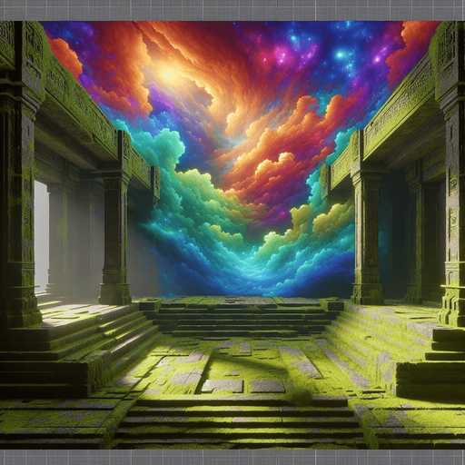 Mossy green ancient temple ruins interior surrounded by colorful galactic clouds..
Single Game Texture. In-Game asset. 2d. Blank background. High contrast. No shadows.