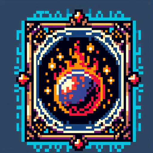 fireball spell icon with a frame,  I want the art style to reflect a classic 16-bit retro pixel art aesthetic, reminiscent of early 1990s RPGs with vibrant colors..
Single Game Texture. In-Game asset. 2d. Blank background. High contrast. No shadows.