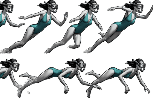 Decomposition of Horizontal Swimming movement of a woman with a snorkel..
2024 game style. 2 frames sprite sheet. Photorealistic