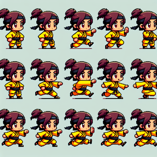 little ninja girl with a yellow kimono. Running frames: left and right legs in alternate positions.
2x2 sprite sheet