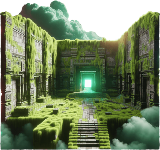 Mossy green ancient temple ruins interior surrounded by colorful galactic clouds..
Single Game Texture. In-Game asset. 2d. Blank background. High contrast. No shadows.