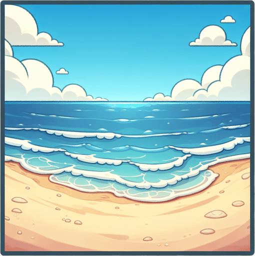 Create a cartoon-style illustration of the ocean and an empty sandy beach from the perspective of a person standing on the beach. The goal is to capture a lively and playful location..
Single Game Texture. In-Game asset. 2d. Blank background. High contrast. No shadows.