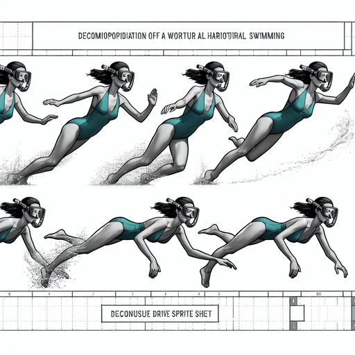 Decomposition of Horizontal Swimming movement of a woman with a snorkel..
2024 game style. 2 frames sprite sheet. Photorealistic