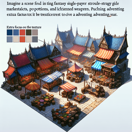 A market in a RTS fantasy style Single Game Texture. In-Game asset. 2d. Blank background. High contrast. No shadows.