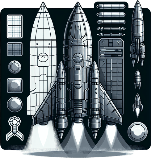 Rocket.
Single Game Texture. In-Game asset. 2d. Blank background. High contrast. No shadows.