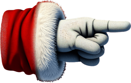 a horizontal santa's arm with a white glove and the index pointing to the right Single Game Texture. No background. High contrast. No shadows.