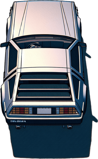 DeLorean car, seen from behind

Top-down, gta2, Single Game Texture. In-Game asset. 2d. Blank background. High contrast. No shadows.isometric