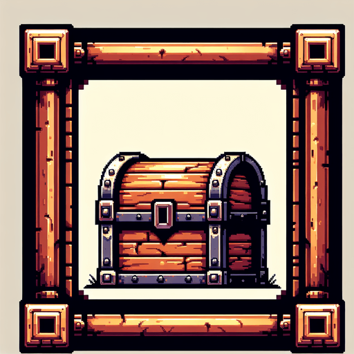 8bit, cartoon, treasure chest frame. very big empty center. only a fine border of chest.
Single Game Texture. In-Game asset. 2d. Blank background. High contrast. No shadows.