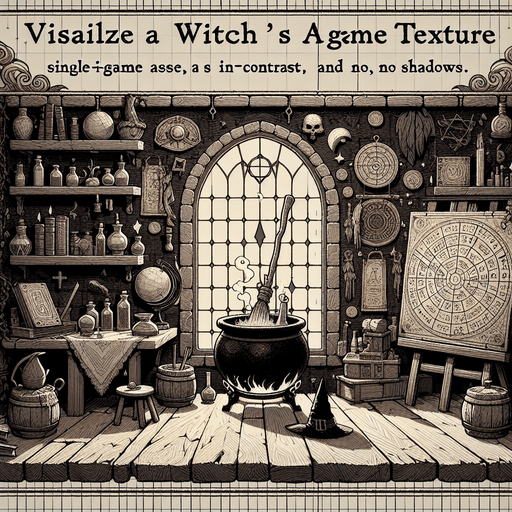 atelier de sorciere.
Single Game Texture. In-Game asset. 2d. Blank background. High contrast. No shadows.