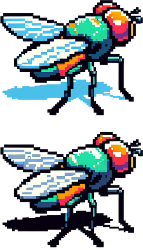 cute flying fly seen from the side. pixelated 8-bit.
Single Game Texture. In-Game asset. 2d. Blank background. High contrast. No shadows.