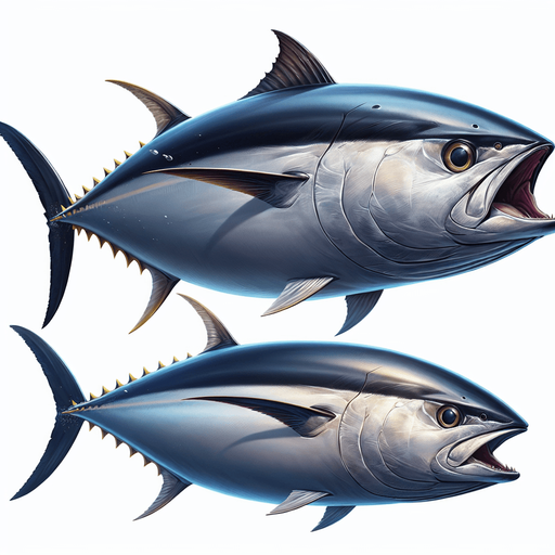 Horizontal tuna mouth open, swimming left..
Horizontal tuna mouth open, swimming left. 2024 game style. Photorealistic. Full/complete side/lateral view. Profile view