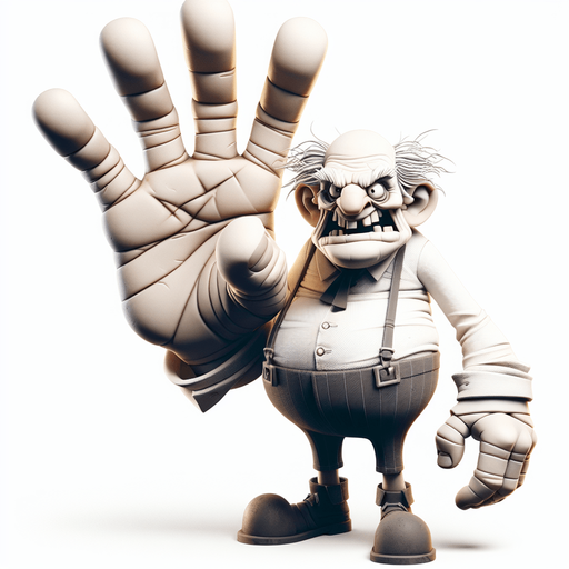 An insane, deranged man with a large right hand.
Single Game Texture. In-Game asset. 2d. Blank background. High contrast. No shadows.