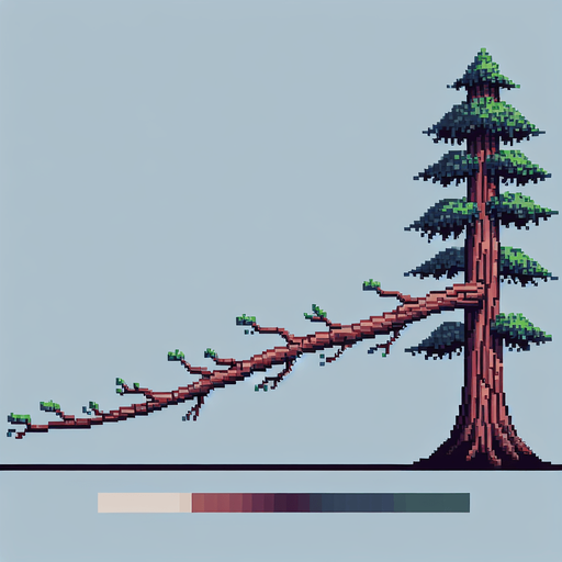 pixelart. A ong horizontally growing  branch grown from a redwood tree. The tree itself should not be included in the image, only the branch..
Single Game Texture. In-Game asset. 2d. Blank background. High contrast. No shadows.