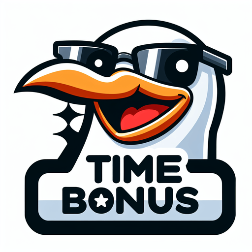 Create a  cartoon-style illustration of a smiling face of a seagul with black shades with the words "Time Bonus" at the bottom of it.
Single Game Texture. In-Game asset. 2d. Blank background. High contrast. No shadows.