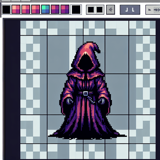 evil hooded wizard, full body, front facing, I want the art style to reflect a classic 16-bit retro pixel art aesthetic, reminiscent of early 1990s RPGs with vibrant colors..
Single Game Texture. In-Game asset. 2d. Blank background. High contrast. No shadows.