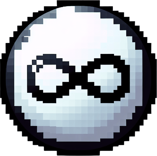 white round ball with black edges. has a black infinity logo inprinted on it. pixelated. 8 bit..
Single Game Texture. In-Game asset. 2d. Blank background. High contrast. No shadows.