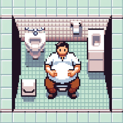 8-bit pixelated image of a video game character sitting with hands on a large belly, wearing a white shirt and brown pants. The setting is a simple bathroom, with the character as the main focus.
Single Game Texture. In-Game asset. 2d. Blank background. High contrast. No shadows.