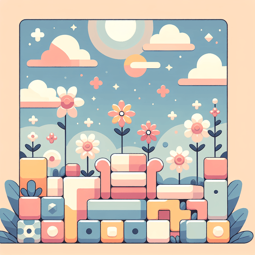 Background for relaxing puzzle game. Pastel colors, flat shaded, vector art. Flowers. Blocks. Relaxing. Clouds
Single Game Texture. In-Game asset. 2d. Blank background. High contrast. No shadows.