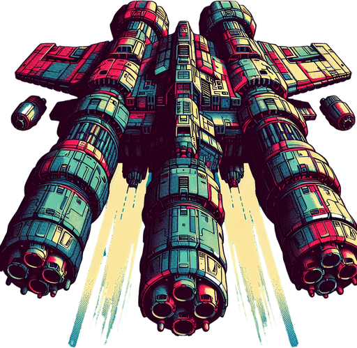 large enemy space ship with massive cannons flying downwards viewed from on top in colour.
Single Game Texture. In-Game asset. 2d. Blank background. High contrast. No shadows.