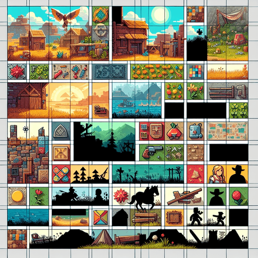 Patchwork of scene extracted from video games..
Single Game Texture. In-Game asset. 2d. Blank background. High contrast. No shadows.