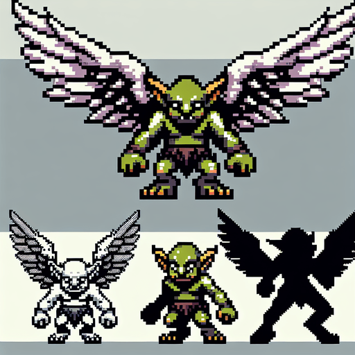 8-bit. cartoon. winged goblin..
Single Game Texture. In-Game asset. 2d. Blank background. High contrast. No shadows.