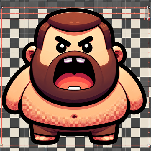 small figure of one funny and fat angry man, with brown beard and open mouth,   2d game character.
Single Game Texture. In-Game asset. 2d. Blank background. High contrast. No shadows.