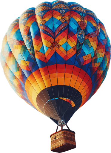 a full hot air balloon with a basket flying to the right.