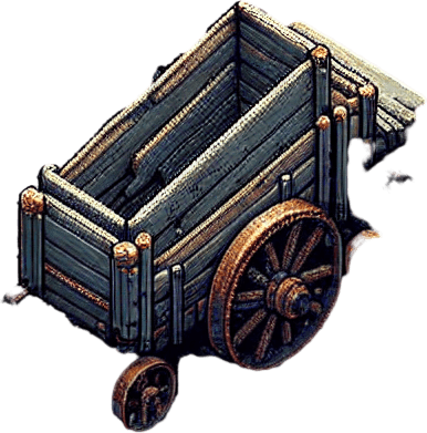 wrecked wood boards and small metal wheels (rests of a miner's wagon).
Pixel art. close Zenith view.