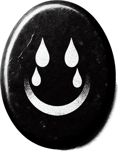 a black oval with a crying smiley face.