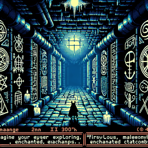 evil enchanted dark catacombs background, 1st person perspective, I want the art style to reflect a classic 16-bit retro pixel art aesthetic, reminiscent of early 1990s RPGs with vibrant colors..
Single Game Texture. In-Game asset. 2d. Blank background. High contrast. No shadows.