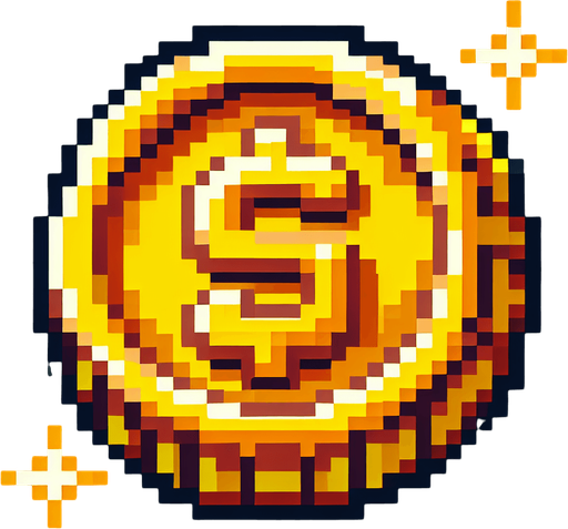 8-bit. cartoon. gold coin. in game asset. Single Game Texture. In-Game asset. 2d. Blank background. High contrast. No shadows.