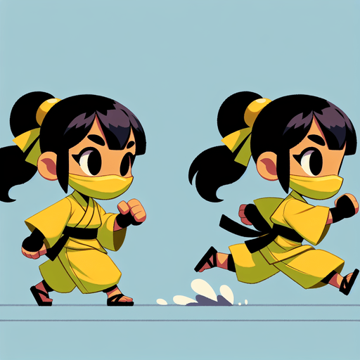 little ninja girl with a yellow kimono. Running frames: left and right legs in alternate positions.
2x2 sprite sheet