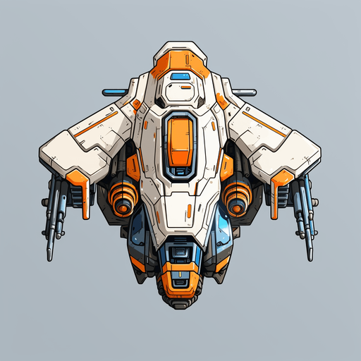 Stylish hero spaceship facing upwards, with a single cannon in the center.
Single Game Texture. In-Game asset. 2d. Pixelart. White background. Blank background. Low detail. High contrast.