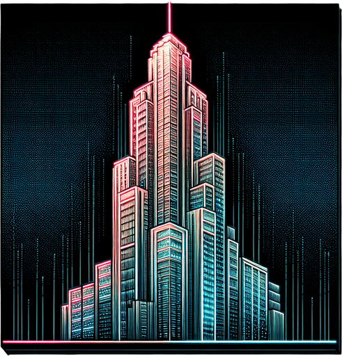 Neon cityscape, skyscraper, single vertical building , window panes.
Single Game Texture. In-Game asset. 2d. Blank background. High contrast. No shadows.