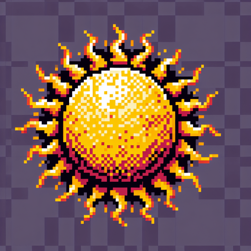 pixel art sun.
Single Game Texture. In-Game asset. 2d. Blank background. High contrast. No shadows.