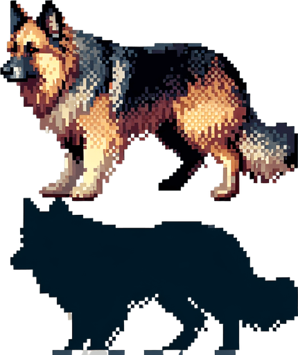 A 2D pixel shepherd dog transparent.
Single Game Texture. In-Game asset. 2d. Blank background. High contrast. No shadows.