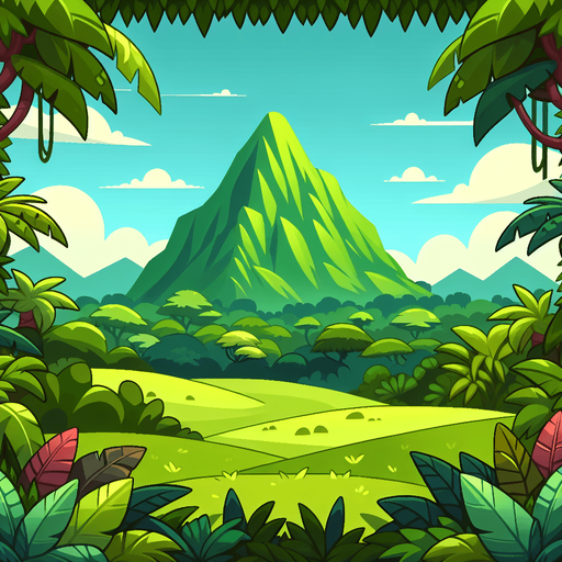 jungle background. Big green mount in the back. Cartoon. In game asset. No shadaw. High contrast.
Single Game Texture. In-Game asset. 2d. Blank background. High contrast. No shadows.