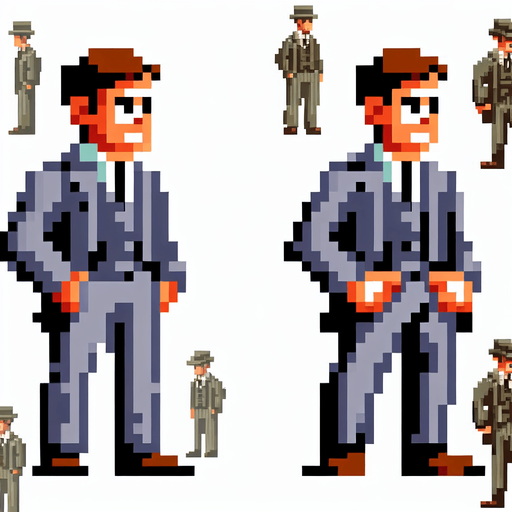 sprite sheet of an 8-bit pixelated character seen from the sides. This has two stances, of the character standing up and the other sitting down with his pants down as if taking a poop.
Single Game Texture. In-Game asset. 2d. Blank background. High contrast. No shadows.