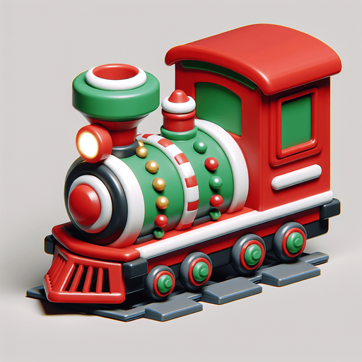 A christmas Miniature Train. Plastic style Single Game Texture. In-Game asset. 2d. Blank background. High contrast. No shadows.