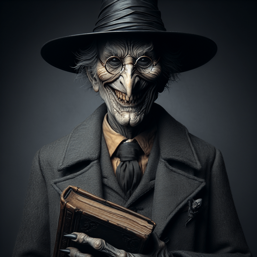 Old gloomy teacher witch with a malicious smile, with glasses, a twisted nose and a black conical hat, holding a book and looking at the camera.
Torso head and hat should appear