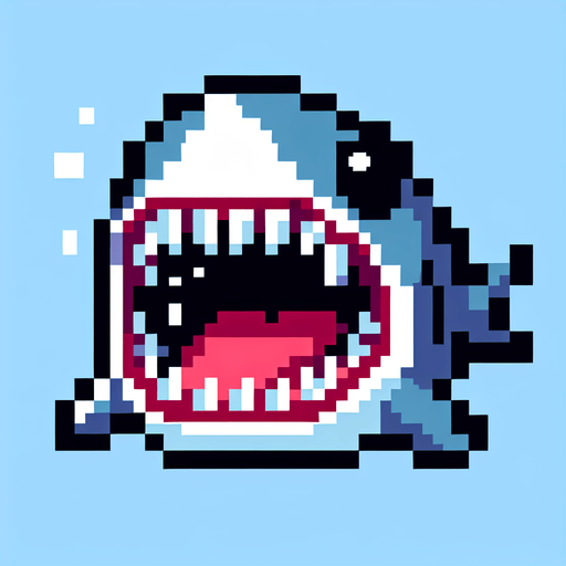 8 bit. cartoon. shark. ingame asset. seen from the front. open mouth. Single Game Texture. In-Game asset. 2d. Blank background. High contrast. No shadows.